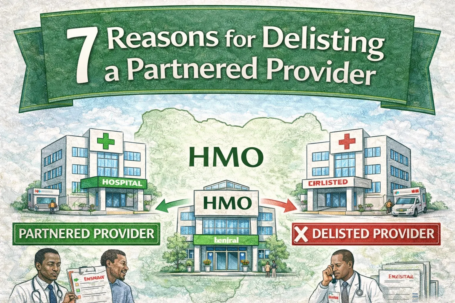 7 reasons why an HMO may delist a partnered provider in Nigeria showing partnered hospital vs delisted provider comparison