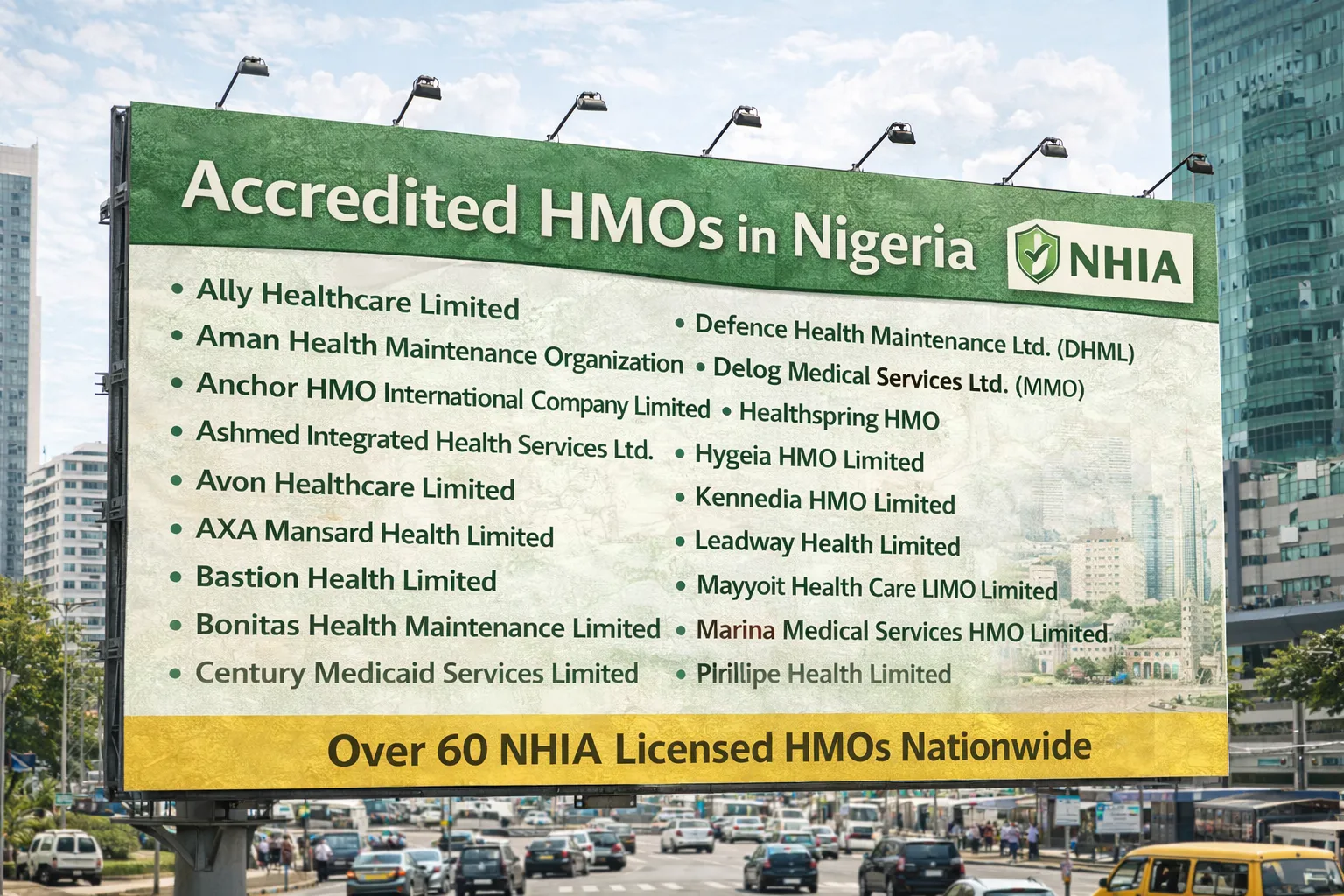 Accredited HMOs in Nigeria billboard showing verified NHIA approved list for 2026